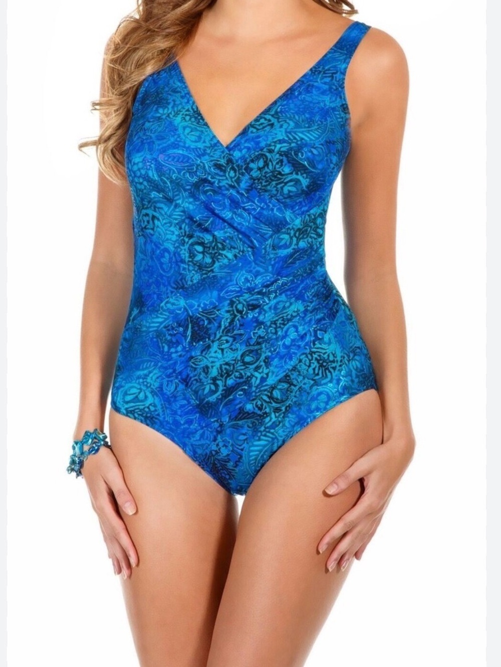 Miraclesuit blue paisley print "Oceanus" wrap one-piece swimsuit. Size M